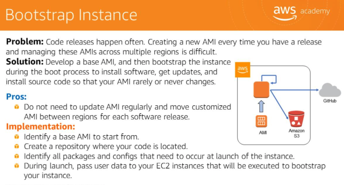 Bootstrap Instance pattern — base AMI bootstrapped from GitHub source code via user data script