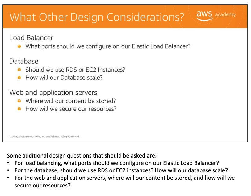 Other design considerations — ELB port configuration, RDS vs EC2 for database, web and application server content and security