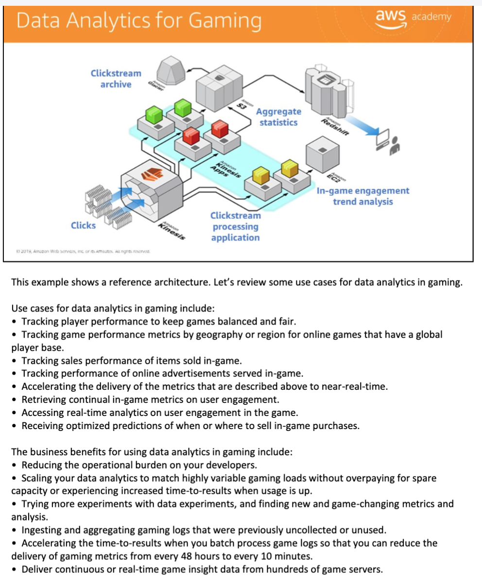 Data analytics reference architecture — clickstream archive + clickstream processing → aggregate statistics → game engagement trend analysis