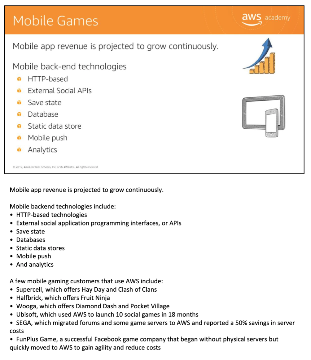 Mobile gaming backend overview — HTTP-based, external social APIs, databases, static data store, push notifications, analytics