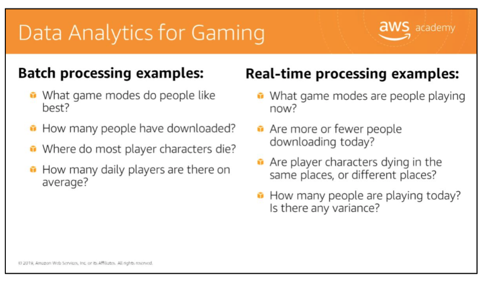 Data Analytics for Gaming — batch processing (what game modes do people like, how many downloaded, where do characters die, daily averages) vs real-time (what modes are popular now, download trends today, character death locations today, current player count)