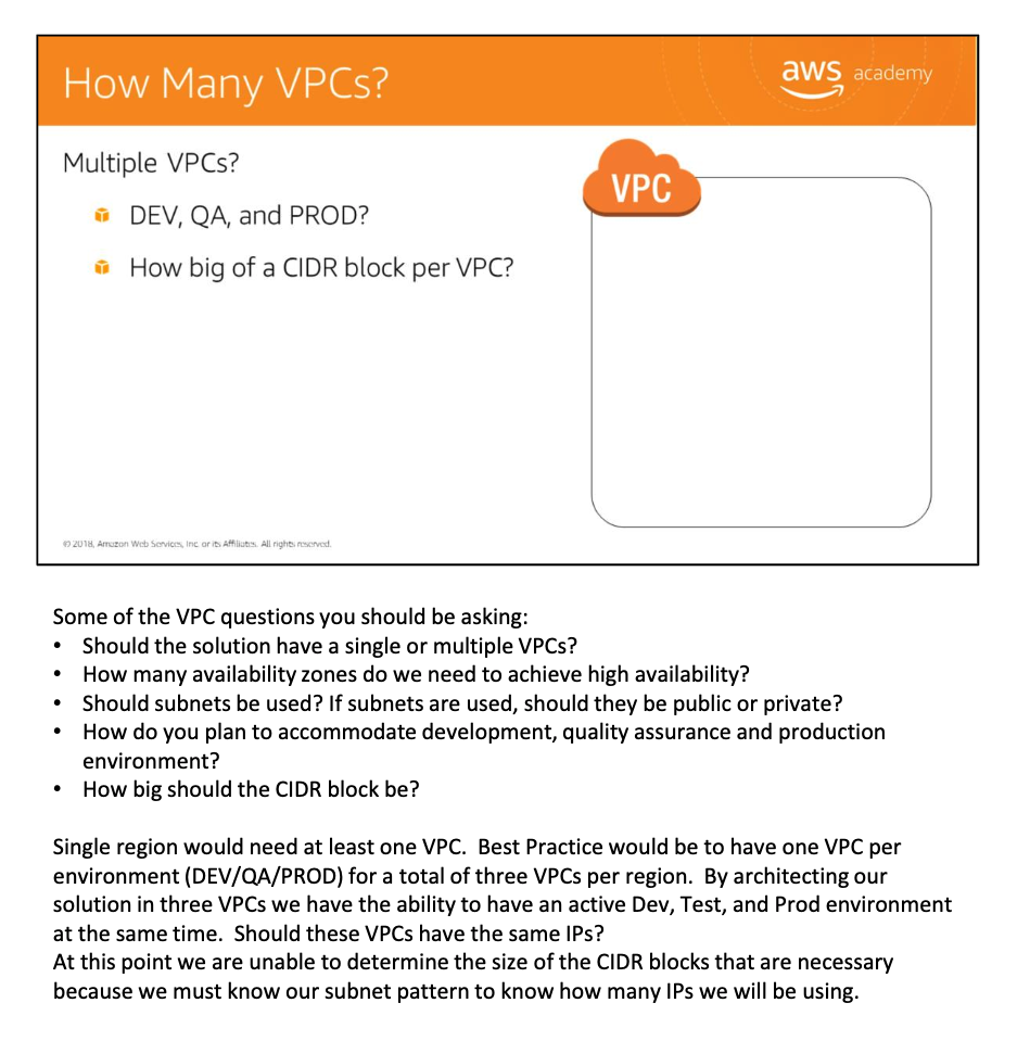 How many VPCs — questions for DEV/QA/PROD isolation, AZ count, subnet sizing, CIDR block