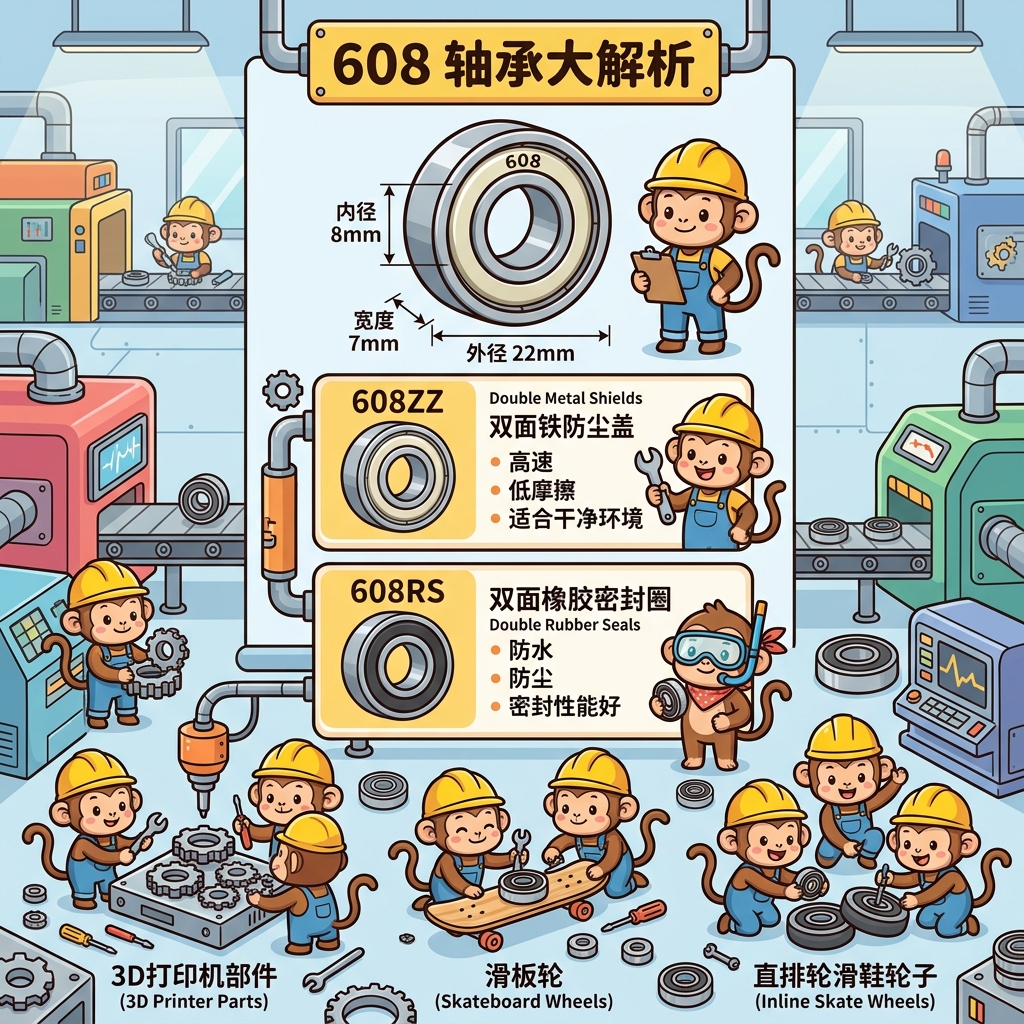 608 bearing breakdown: an 8 mm bore, 22 mm outer diameter and 7 mm wide bearing; 608ZZ with double metal shields for high speed, low friction and clean environments; 608RS with double rubber seals for water and dust protection; used in 3D printer parts, skateboard wheels and inline skate wheels