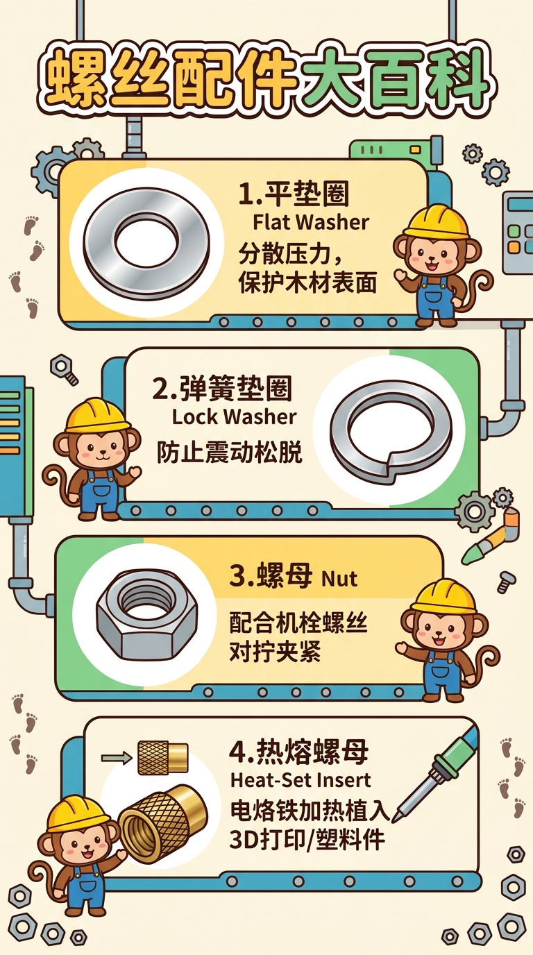Infographic of four screw accessories: a flat washer that spreads pressure and protects wood, a split lock washer that resists loosening from vibration, a hex nut that pairs with a machine screw to clamp parts, and a brass heat-set insert pressed into 3D-printed plastic with a soldering iron