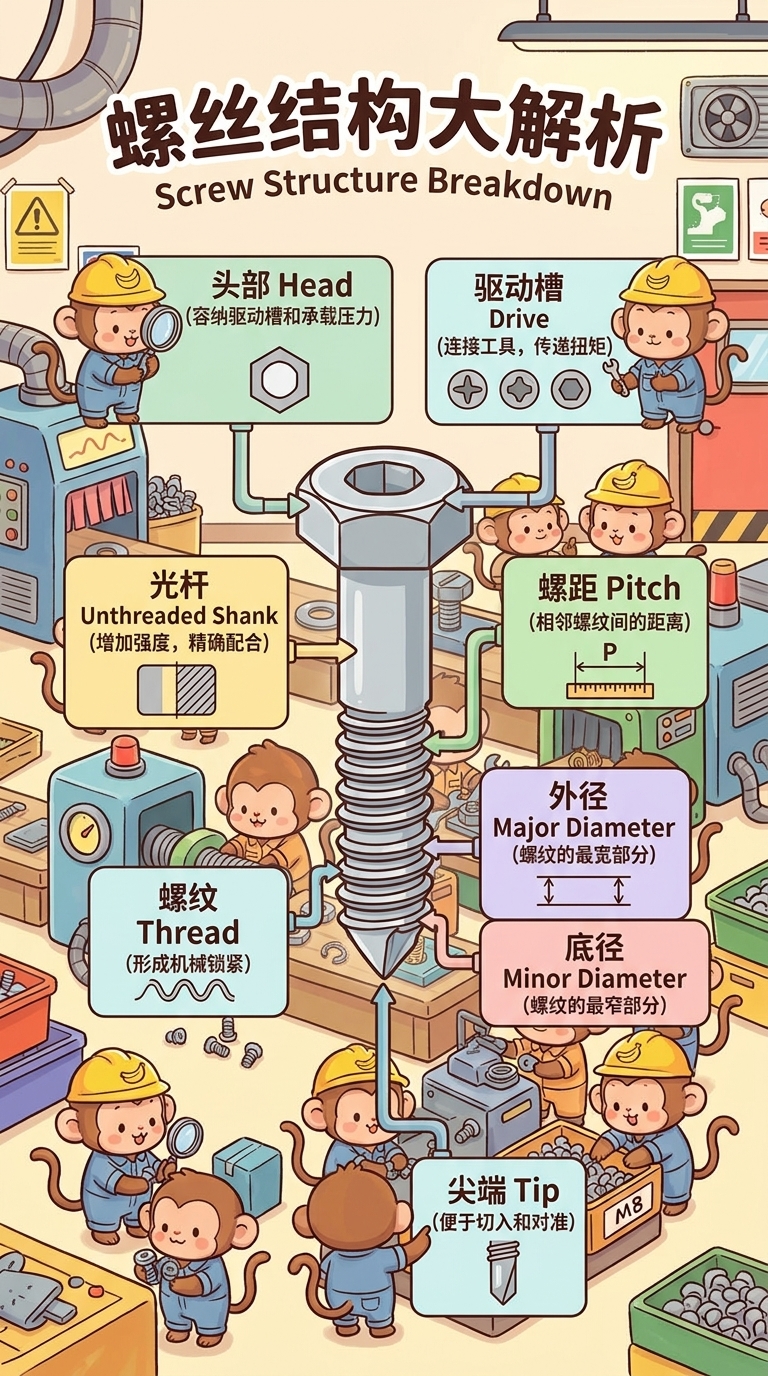Labeled screw diagram showing the head, drive recess, unthreaded shank, thread, pitch, major diameter, minor diameter and tip