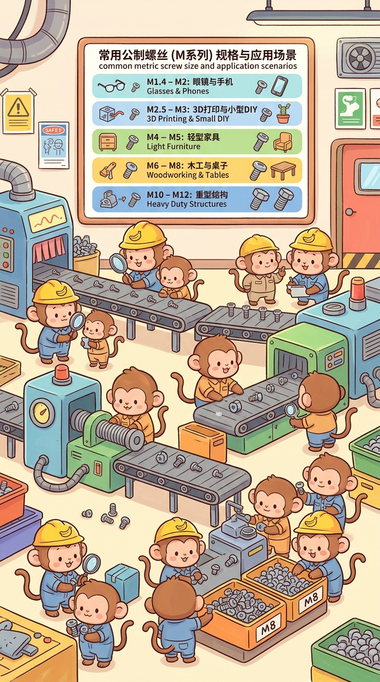 Cartoon factory of monkeys sorting screws by size, with a wall chart listing metric sizes from M1.4-M2 for glasses and phones up to M10-M12 for heavy structures