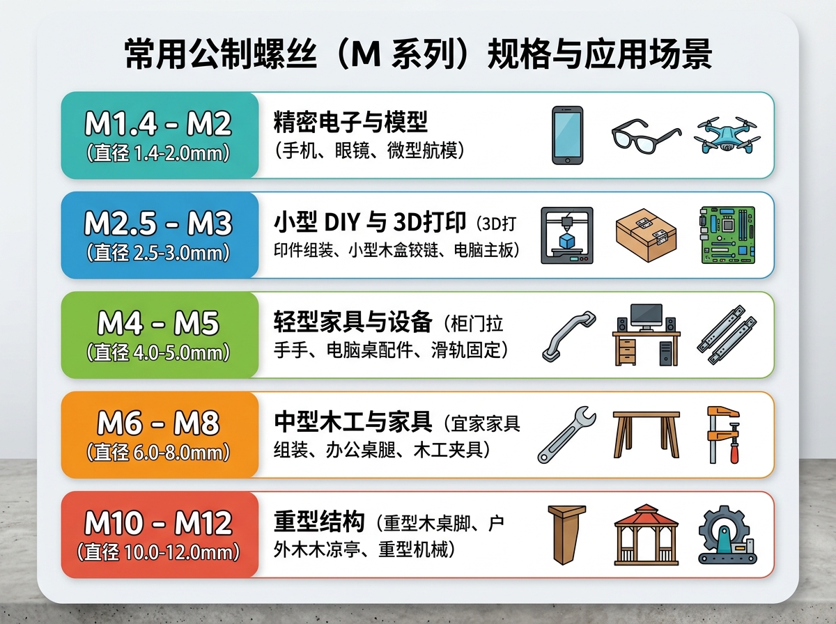 Size chart of common metric screws: M1.4-M2 for phones, glasses and micro drones; M2.5-M3 for 3D printing, small wooden box hinges and motherboards; M4-M5 for handles, desk accessories and drawer slides; M6-M8 for IKEA furniture, desk legs and clamps; M10-M12 for heavy table legs, outdoor gazebos and heavy machinery