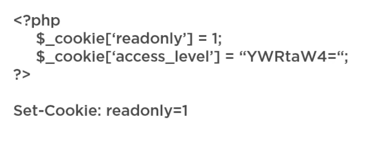 PHP code setting insecure cookies: readonly=1 and access_level as Base64 encoded value