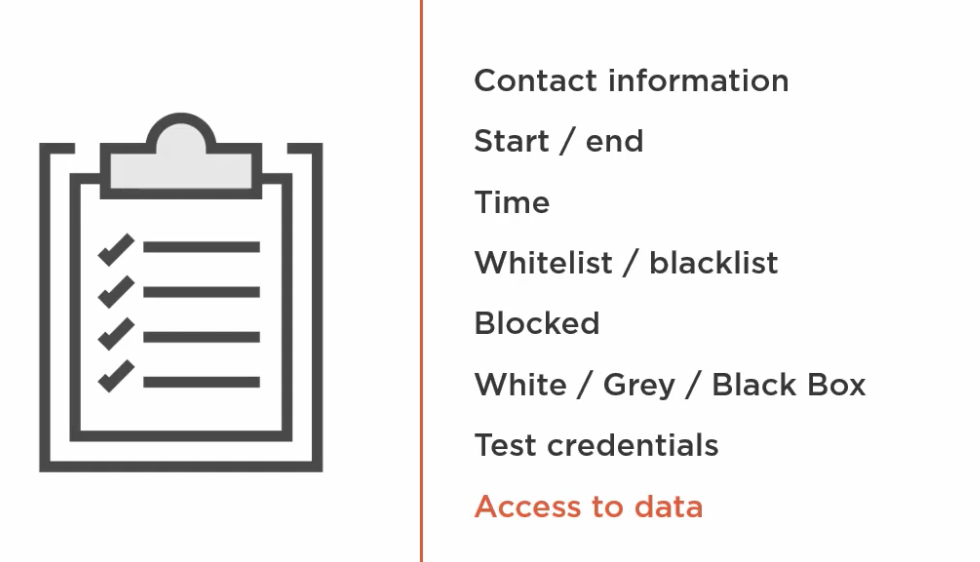 Scoping checklist: contact information, start/end, time, whitelist/blacklist, blocked, white/grey/black box, test credentials, access to data
